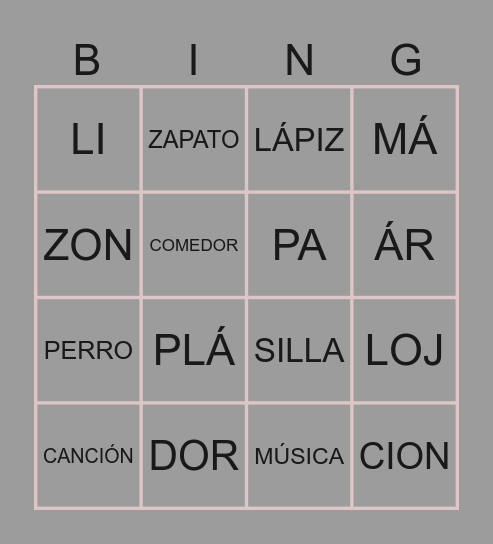 Silabas tonica y atona Bingo Card