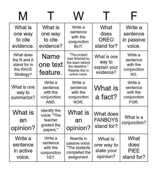 Warm-Up Bingo Card