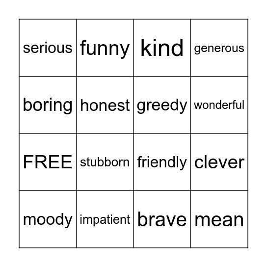 Personality Adjectives Bingo Card