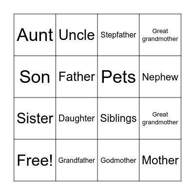 Family Members Bingo Card