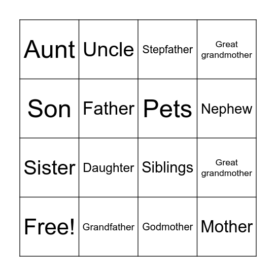 Family Members Bingo Card