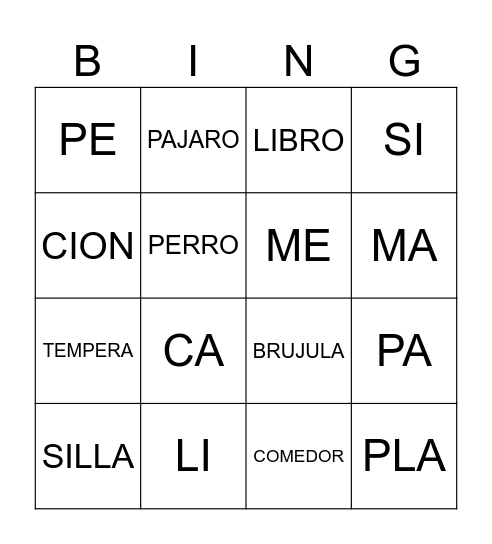 SILABAS TONICAS Y ATONAS Bingo Card