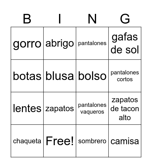La Ropa Bingo Card