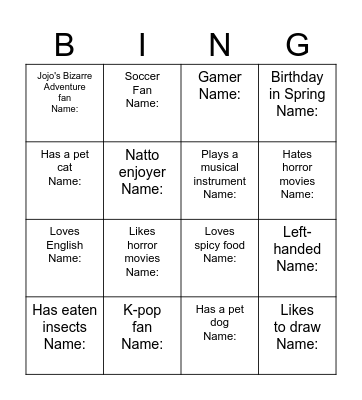 Class Bingo Card
