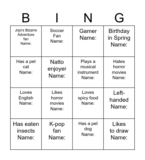 Class Bingo Card