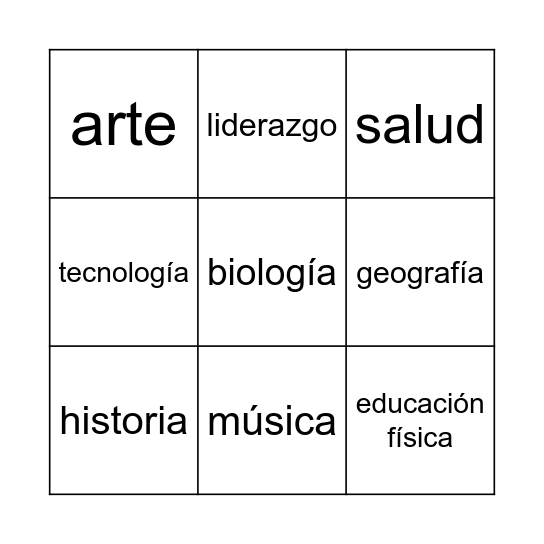 Class Subjects Bingo Card