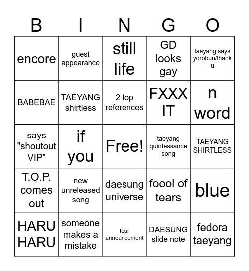 bigBANG w2 BINGOR Bingo Card