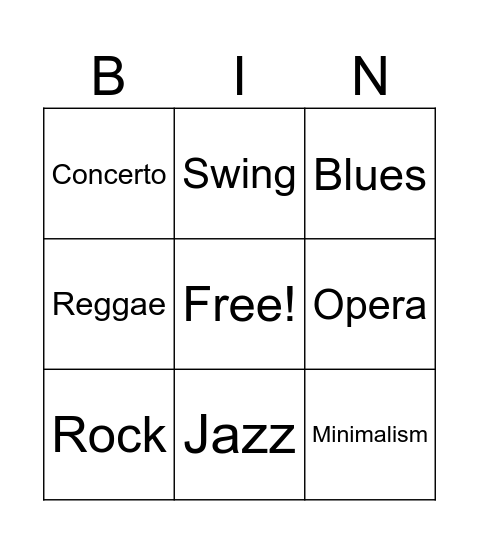 S3 Music Styles Bingo Card