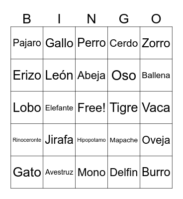 Animals in Spanish Bingo Card
