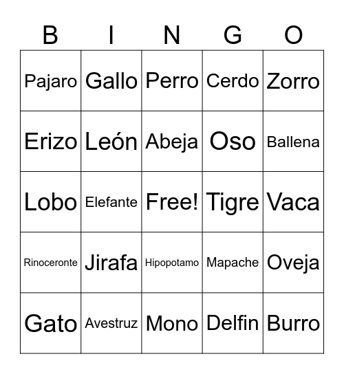 Animals in Spanish Bingo Card