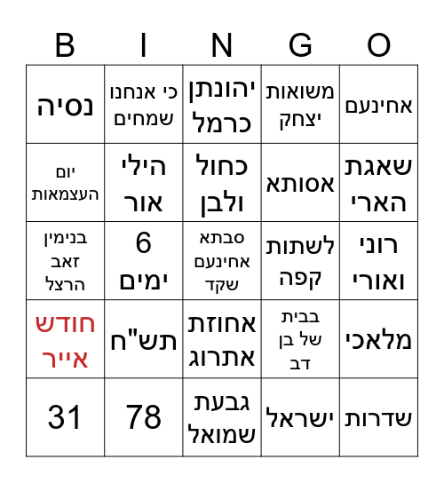 בינגו יום העצמאות ששקד גדסי הכינה Bingo Card