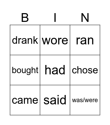Past tense Irregular verbs Bingo Card