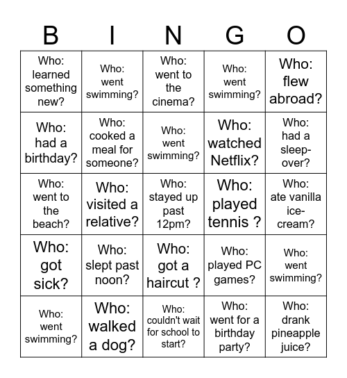 Back-to-School Bingo - What did you do? Bingo Card