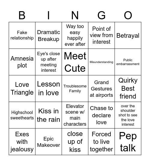 Rom-Com Bingo Card