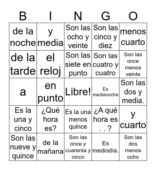 La Hora 2 Español Bingo Card