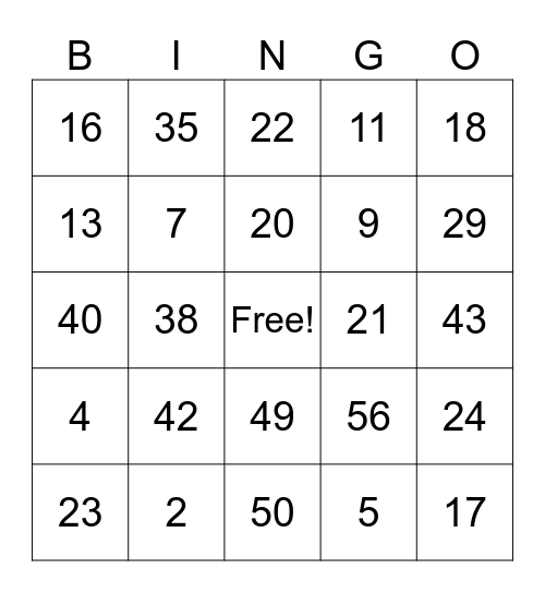 ASL NUMBER SIGNS #1-59 Bingo Card