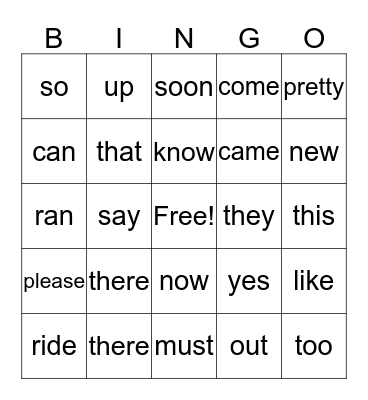 Sight Words Bingo Card