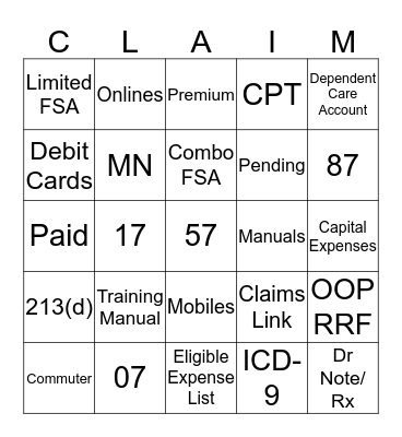 Claims Team Bingo Card