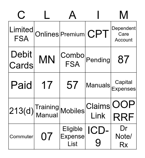 Claims Team Bingo Card