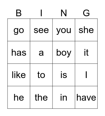 Sight words Bingo Card