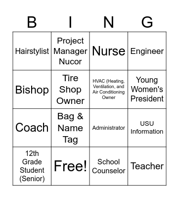 Career Exploration Tremonton 13th Ward YW/YM Bingo Card