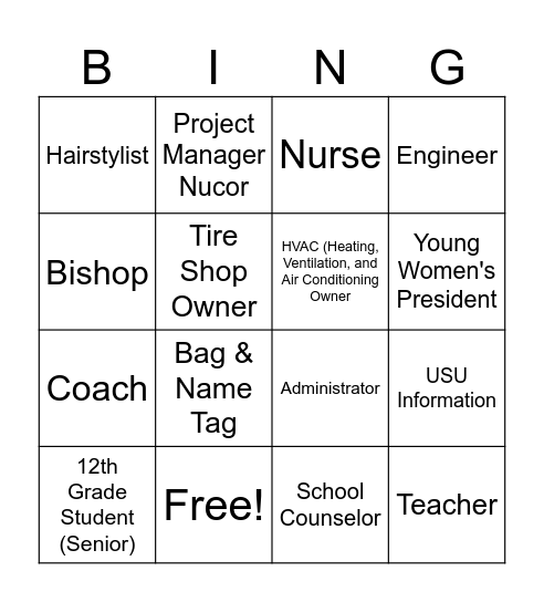 Career Exploration Tremonton 13th Ward YW/YM Bingo Card