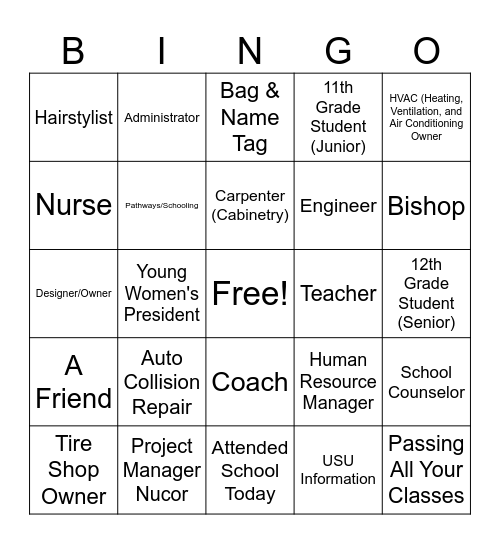 Career Exploration Tremonton 13th Ward YW/YM Bingo Card