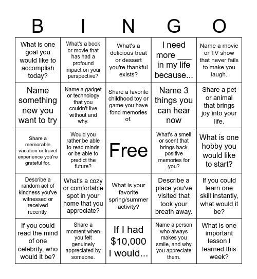 Mindfulness Bingo Card