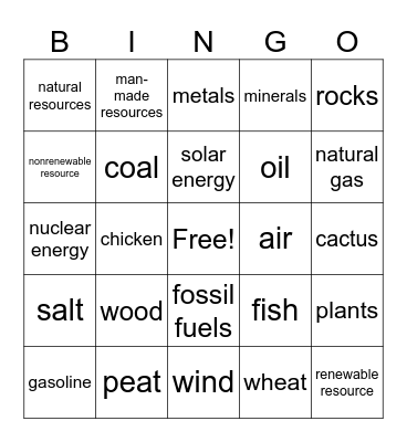 Renewable and Nonrenewable Resources Bingo Card