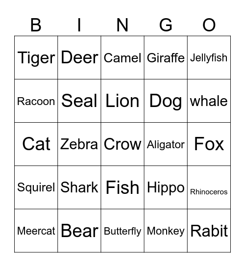 Animals Bingo Card