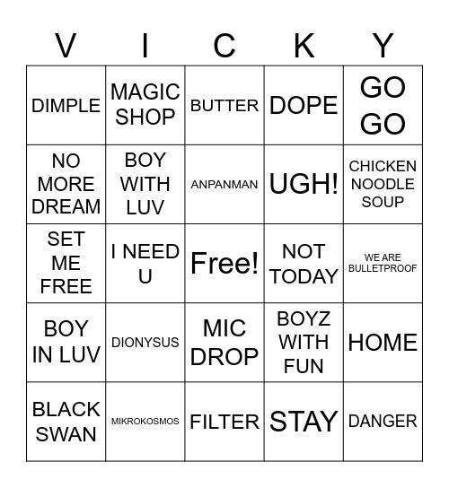 BTS RUN BINGO Card