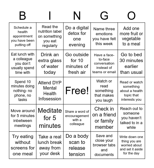 DYP Health Bingo Card