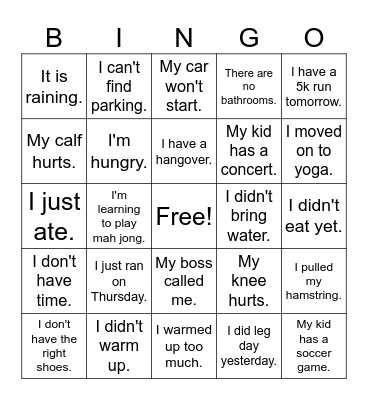 Exercise Excuses Bingo Card