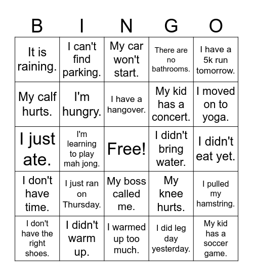 Exercise Excuses Bingo Card