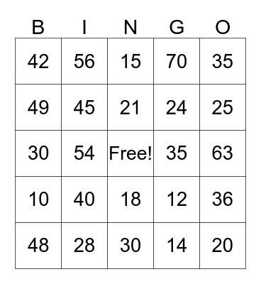 Multiplication Bingo Card
