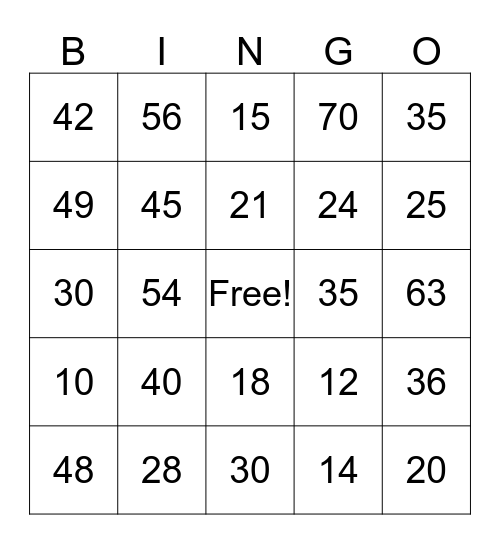 Multiplication Bingo Card