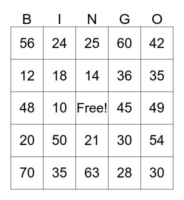 Multiplication Bingo Card