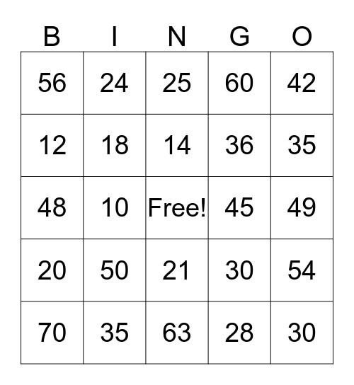 Multiplication Bingo Card