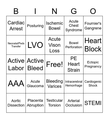 High Alert Diagnosis Bingo Card