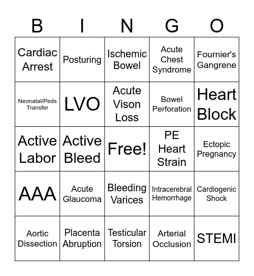 High Alert Diagnosis Bingo Card