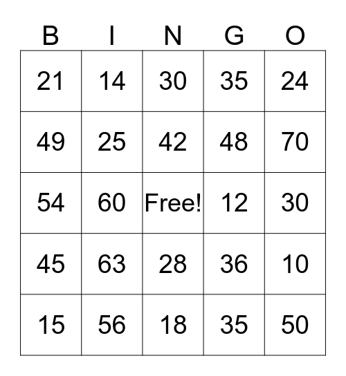 Multiplication Bingo Card