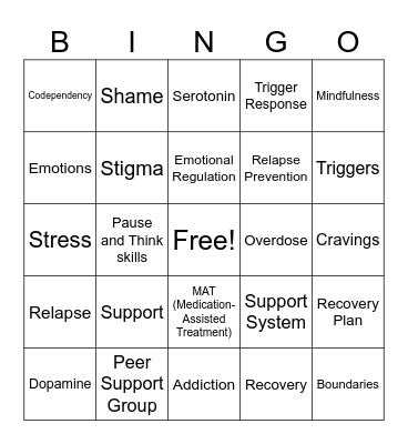 Recovery Treatment Bingo Card