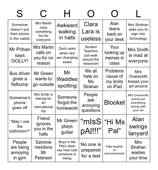 School Bingo Card