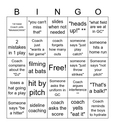 Baseball Bingo Card