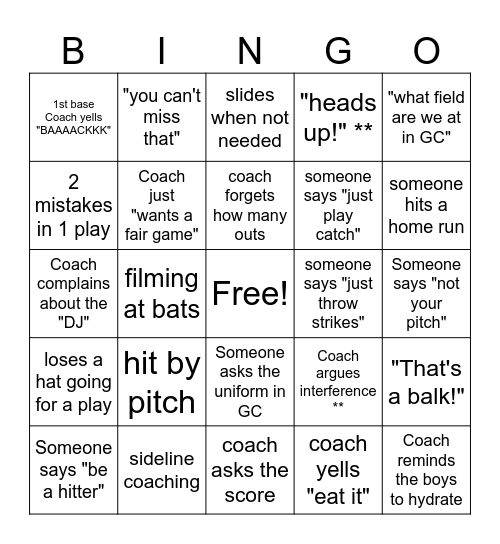 Baseball Bingo Card