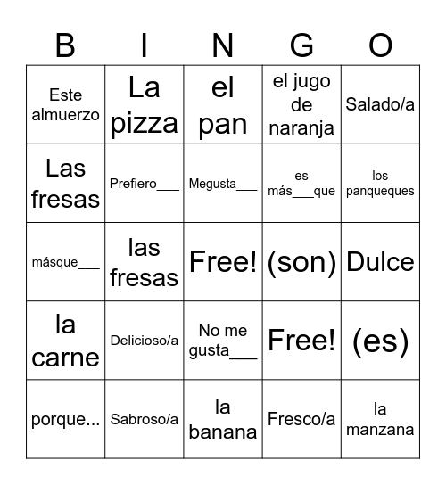 La Comida Bingo Card