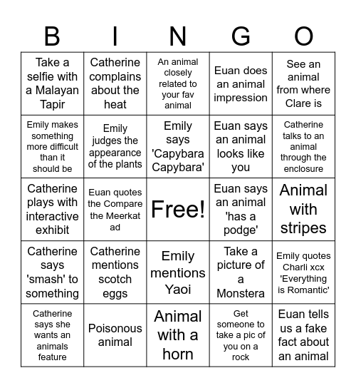 Erin's Zoo Bingo Card