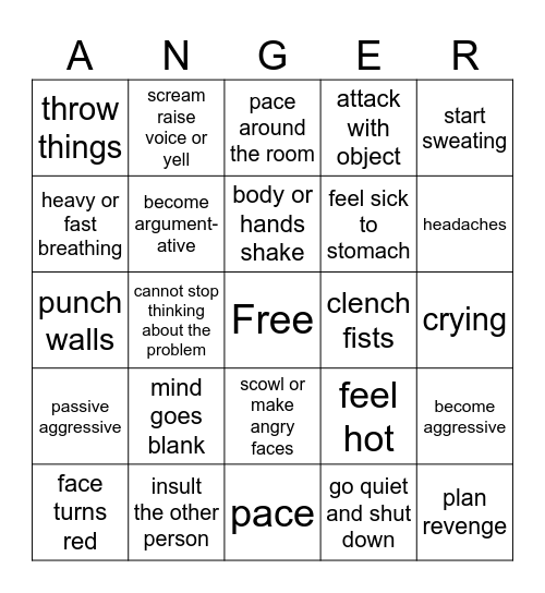 Anger Management Bingo Card