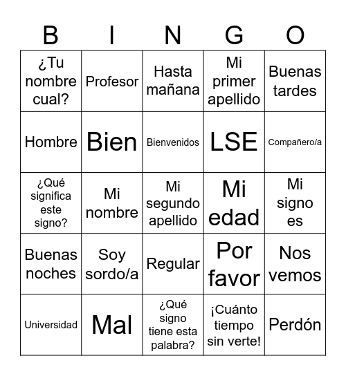 Taller de iniciación a la Lengua de Signos Española Bingo Card