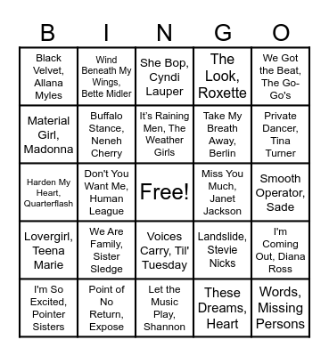 A Venue BINGO- 80's Ladies Bingo Card